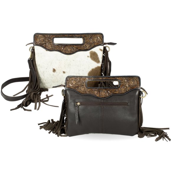 Women Hand Tooled Hair-on Shoulder Fringe Bag with Free Gift Bifold Black Wallet - Picture 2 of 9